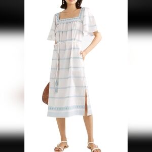 Tory Burch White and Light Blue Embroidered Linen Dress Sz S XS
